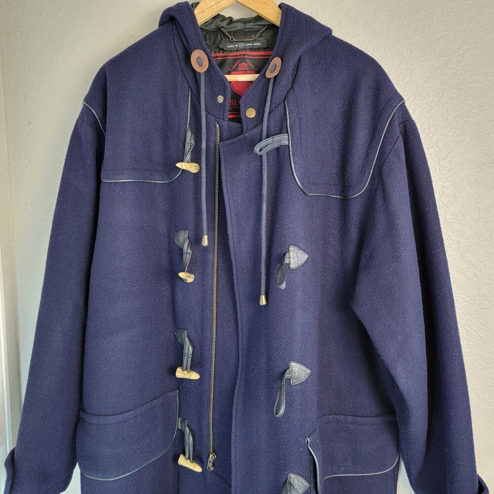 Vtg 90s Structure Duffle Coat Mens Medium Navy Hood Wool Blend Long Toggle READ